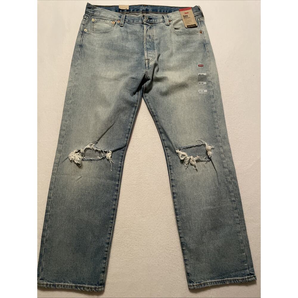 NWT Levis 501 Original Stretch Blue Jeans 36x30 Stone Wash Distressed Button Fly